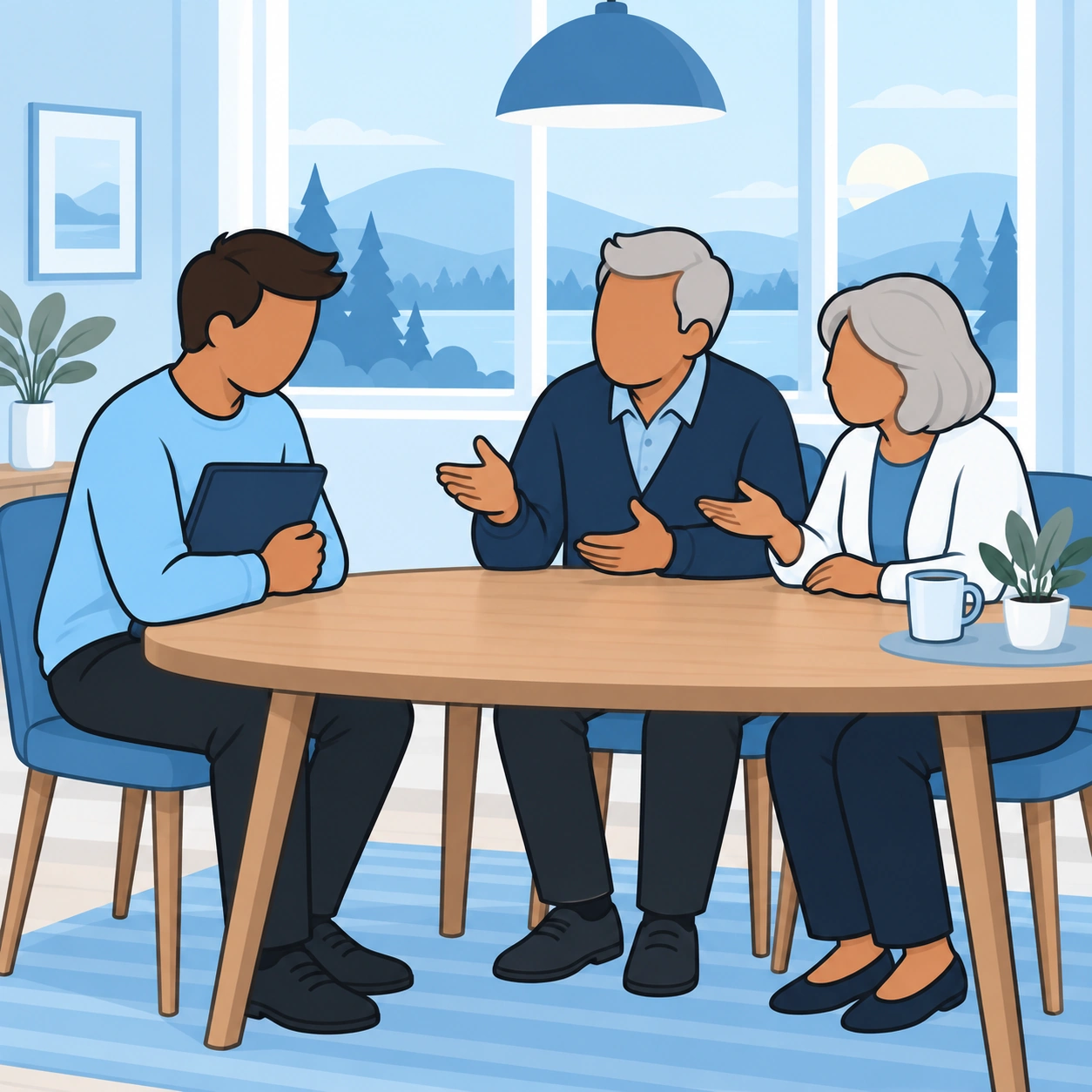 An adult son listens as his older parents discuss their expectations at a dining table.