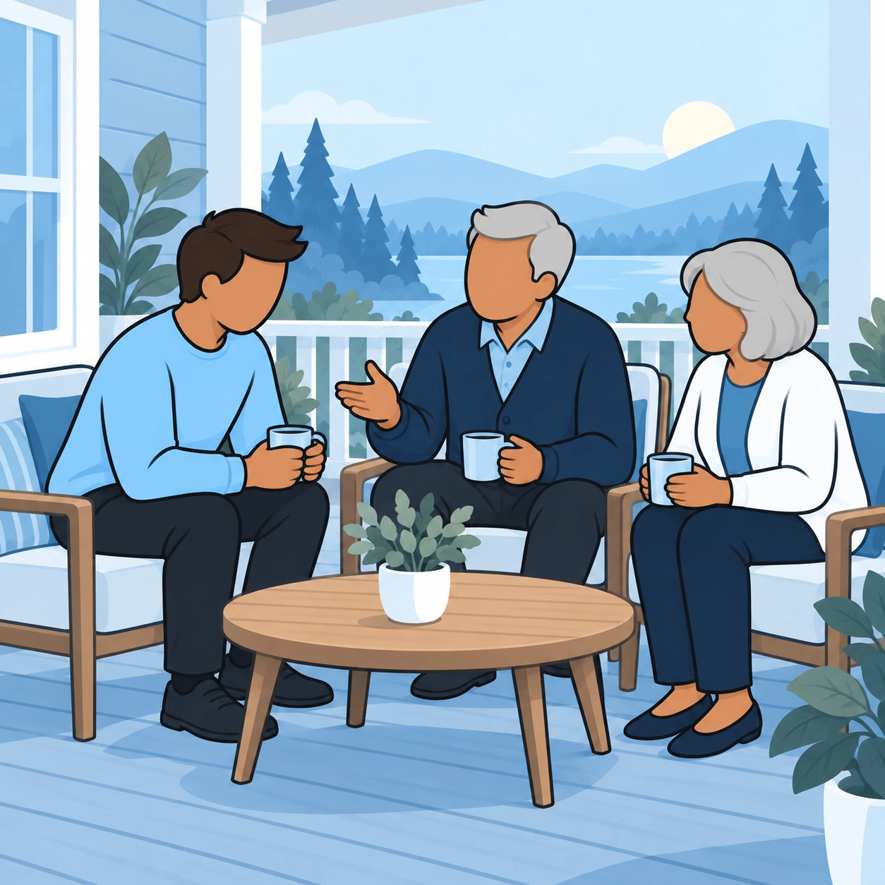 An adult son shares tea and listens to his parents on their porch.