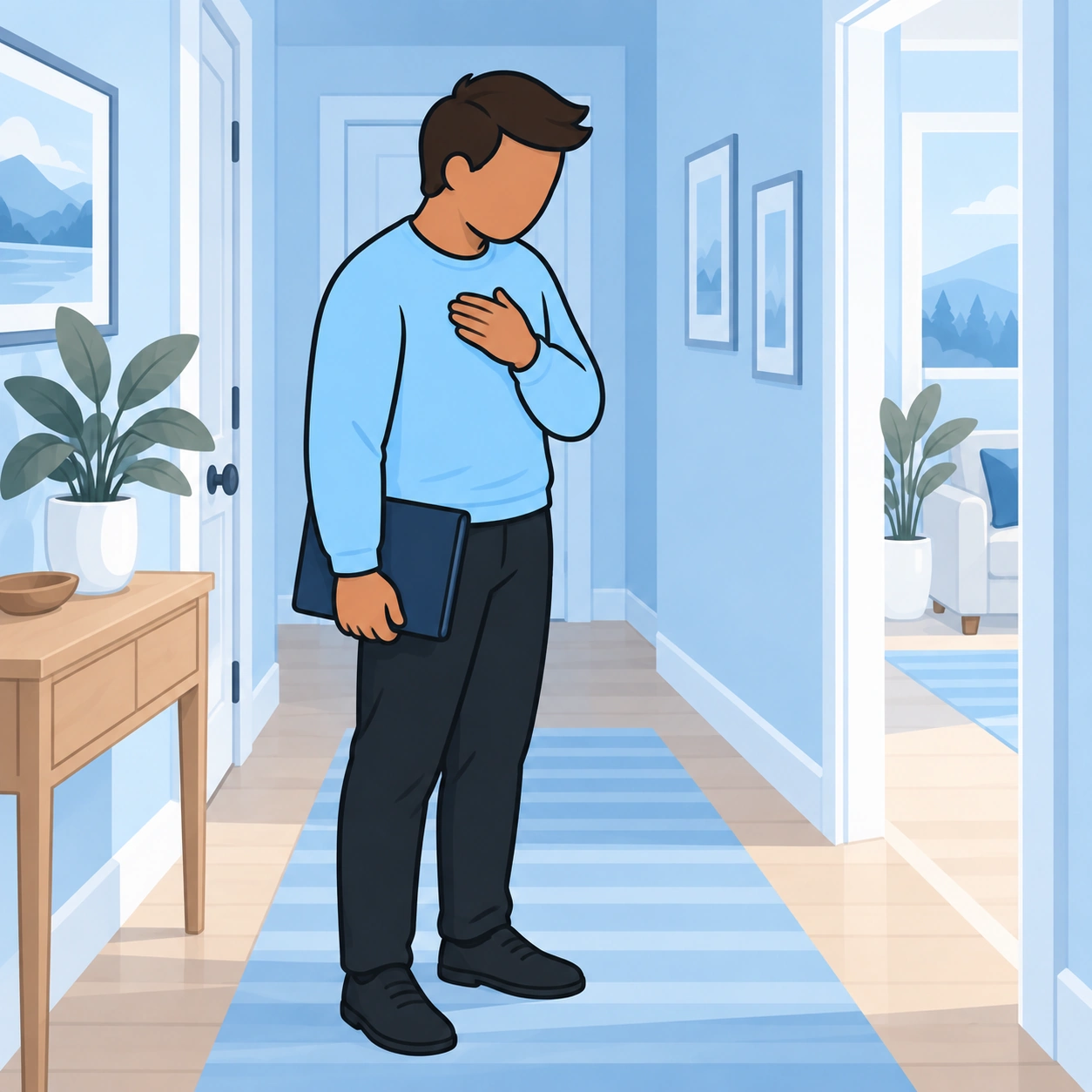 An adult son pauses in a hallway with a folder before making his own decision.
