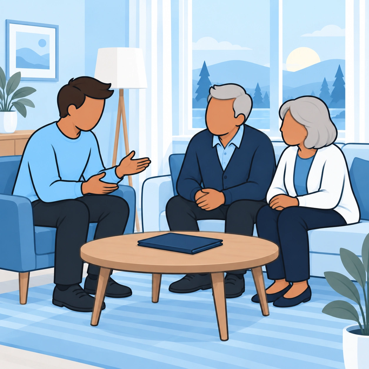 An adult son calmly explains his decision while his parents listen in the living room.