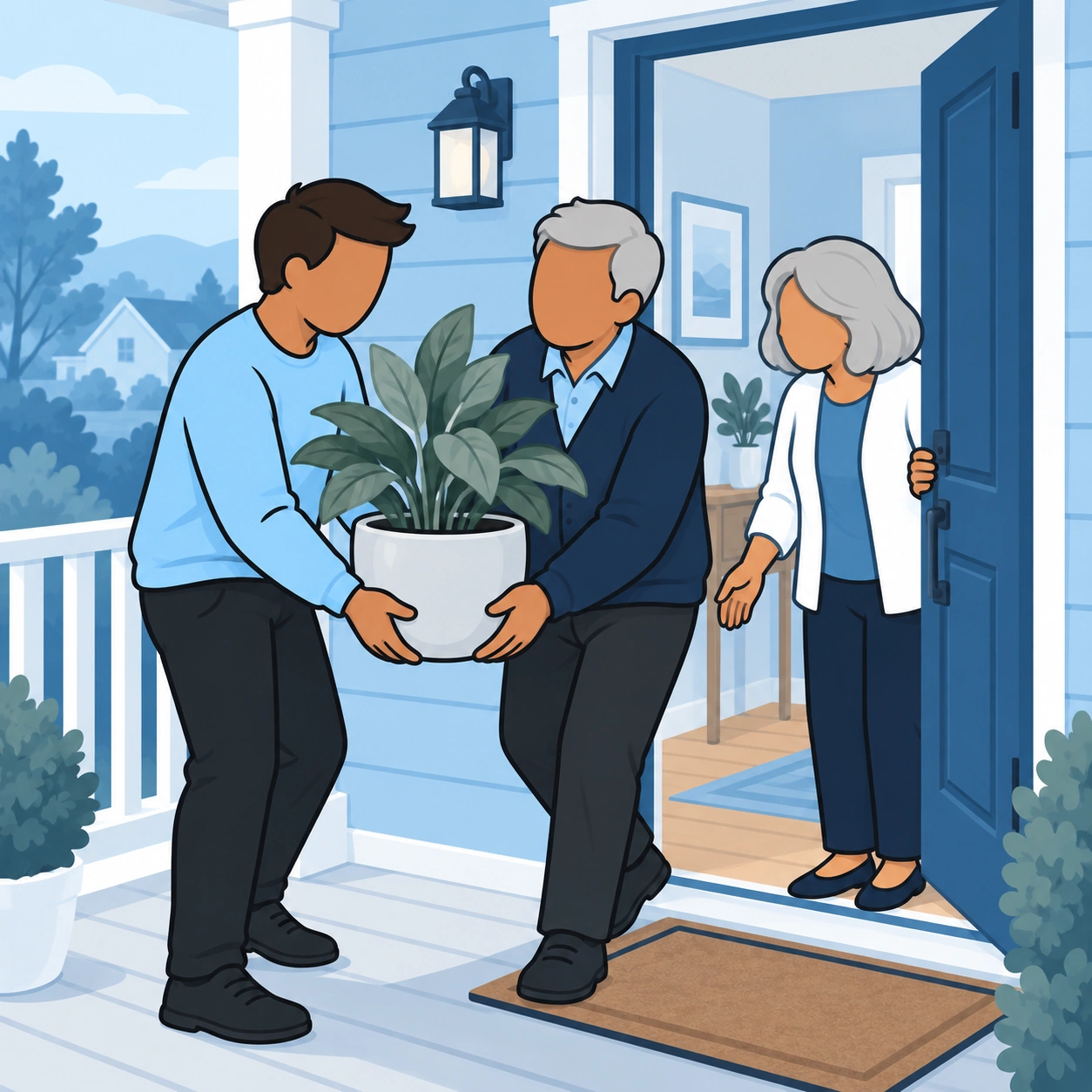 An adult son helps his father carry a potted plant as his mother opens the door.