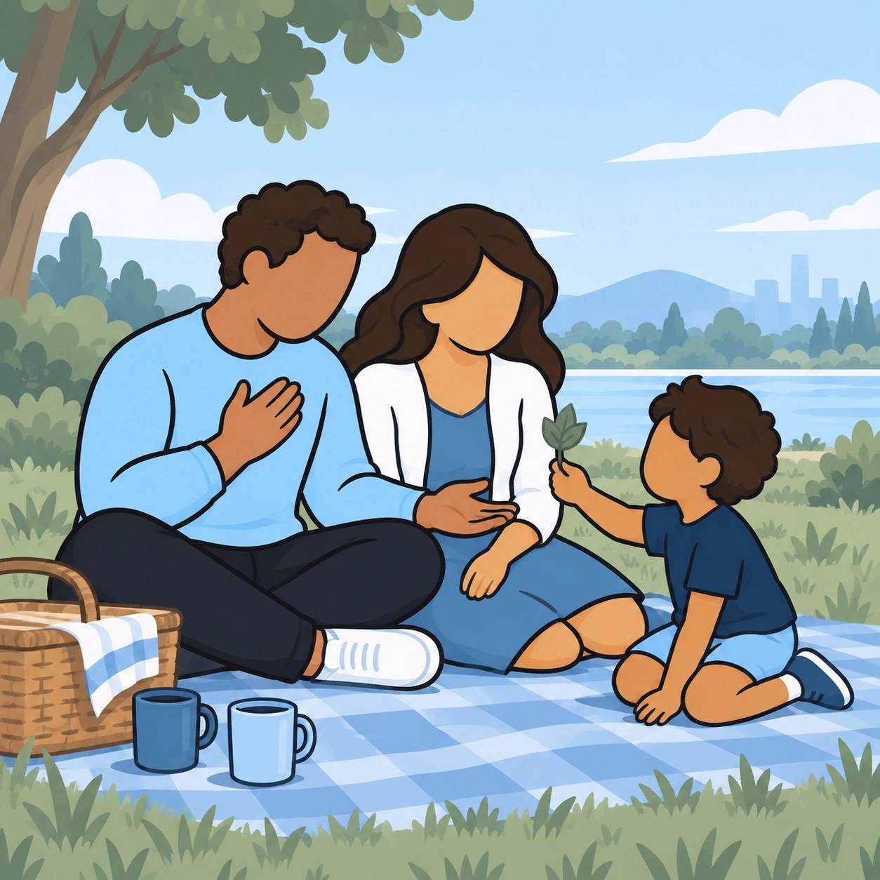 A grieving father receives a leaf from his child during a quiet family picnic.