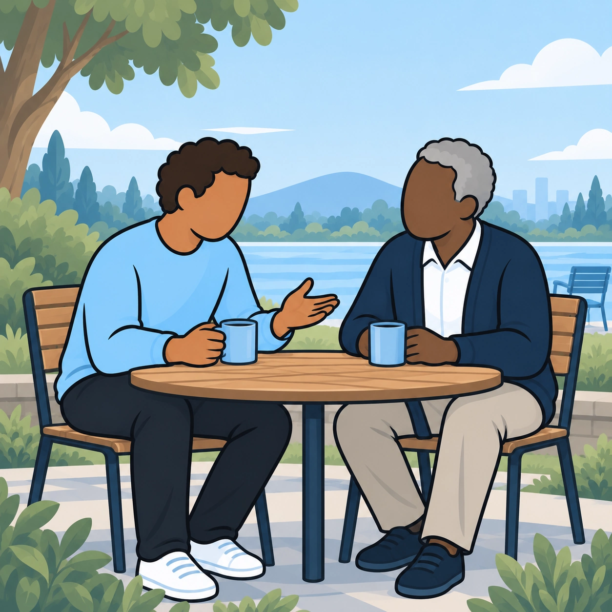 The father talks with an older friend at a park table about grief and moments of joy.