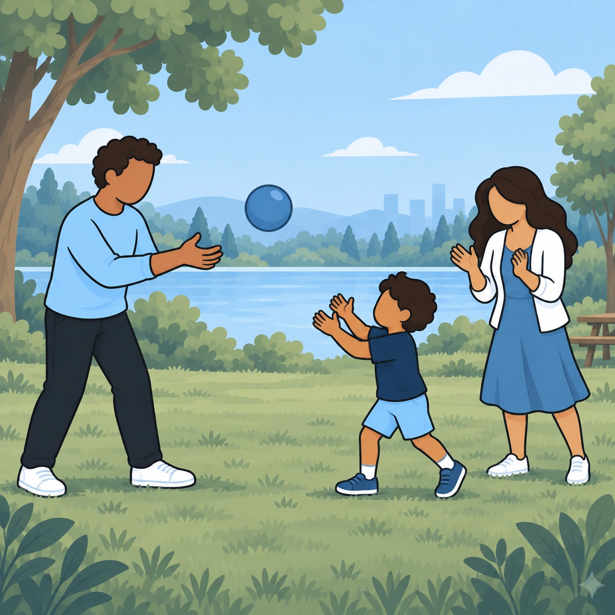 The father and child play catch while the woman joins in at the park.