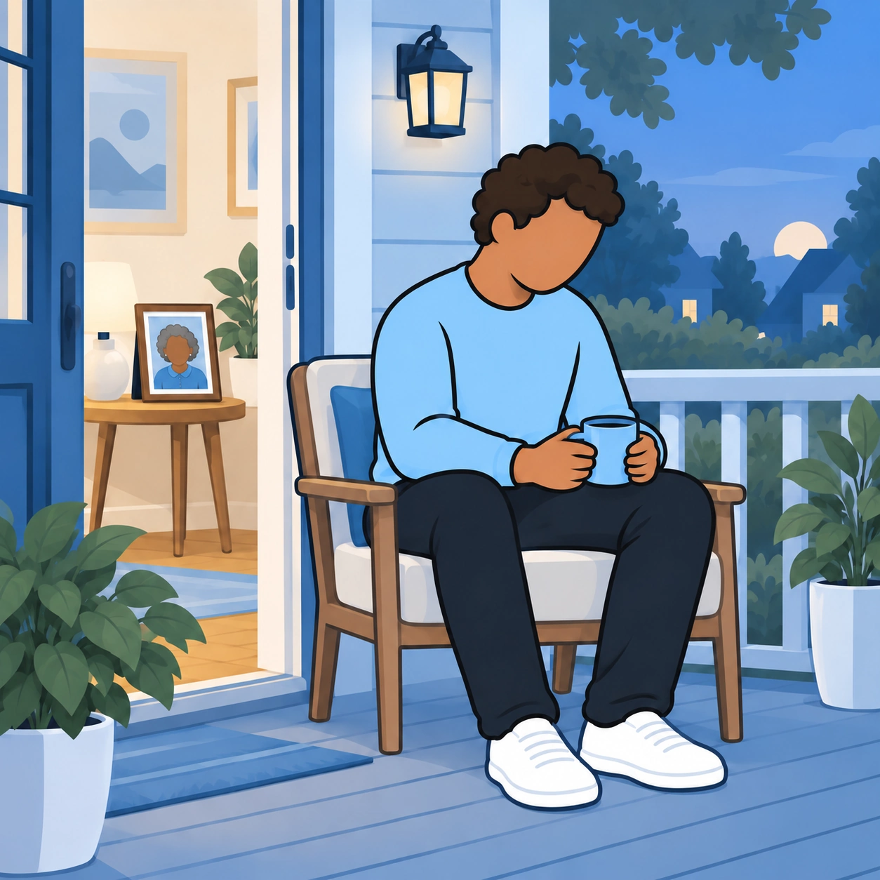 The father rests with a mug on the porch, with his loved one's photograph visible inside.