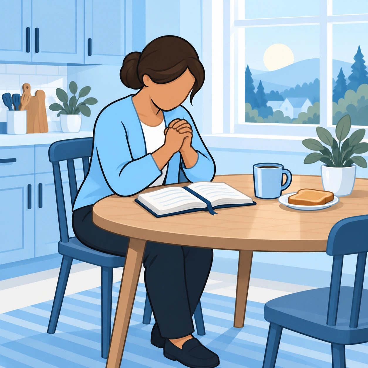 A woman prays at her breakfast table beside an open prayer notebook.