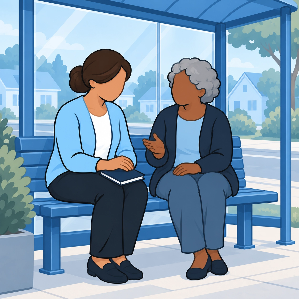 The woman talks about an ongoing concern with an older friend at a sheltered bus stop.