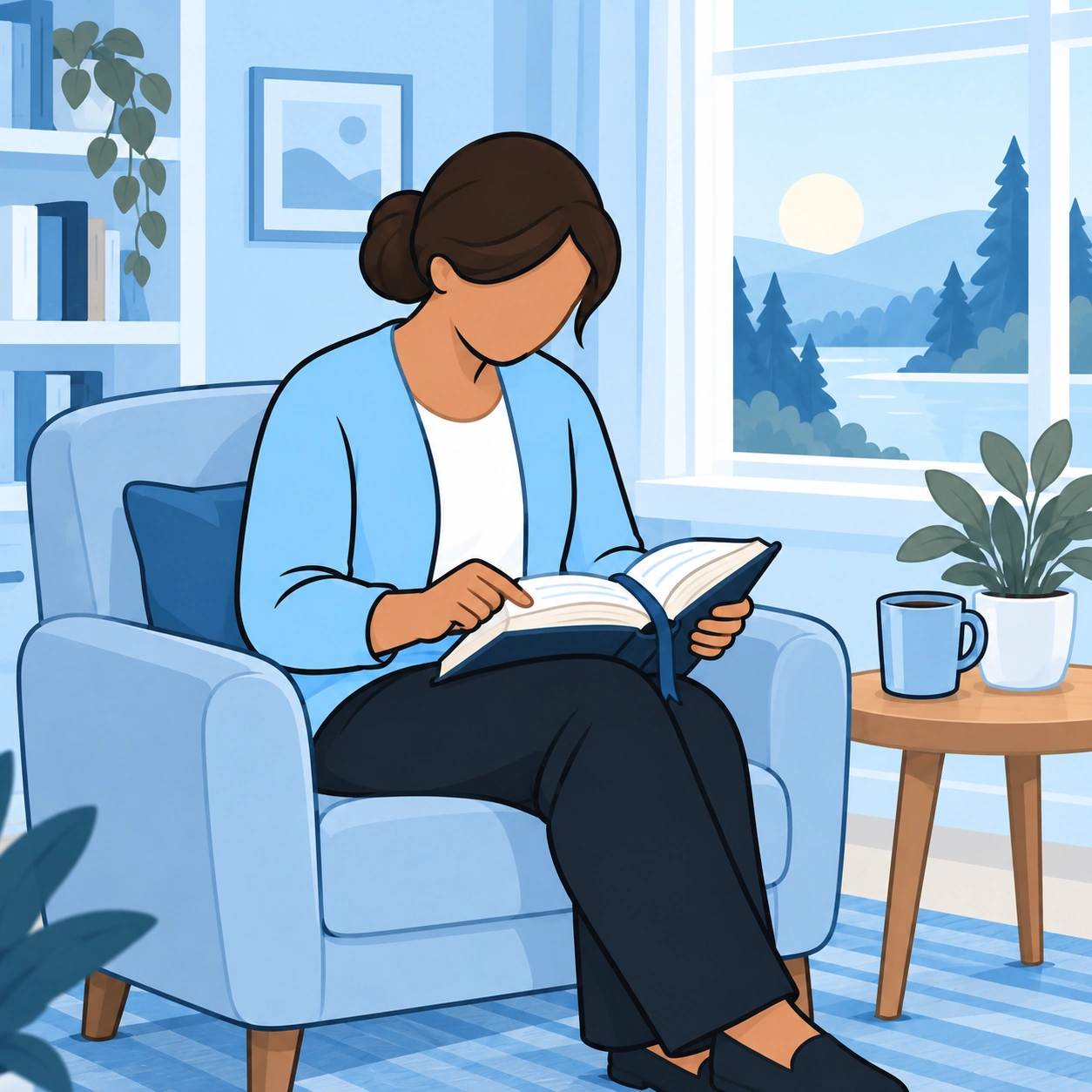The woman returns attentively to the ribbon-marked page in her prayer notebook.