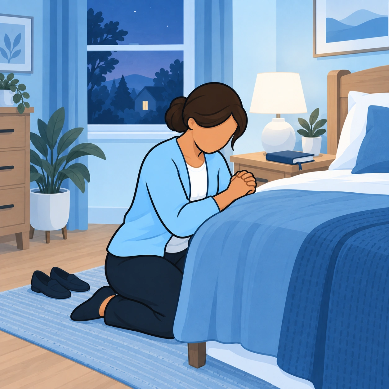 The woman kneels beside her bed in quiet evening prayer.