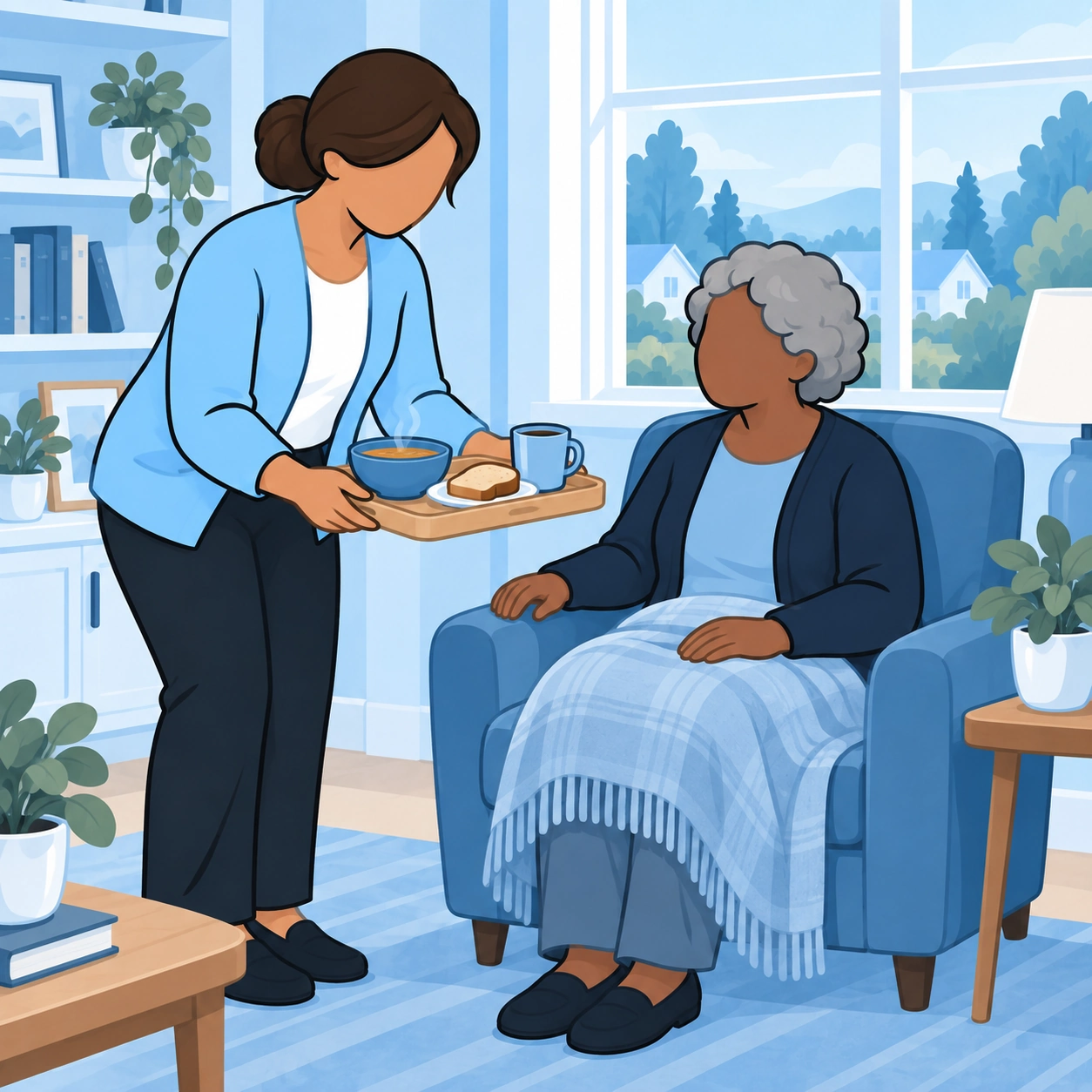 The woman brings soup and bread to her older friend resting in an armchair.
