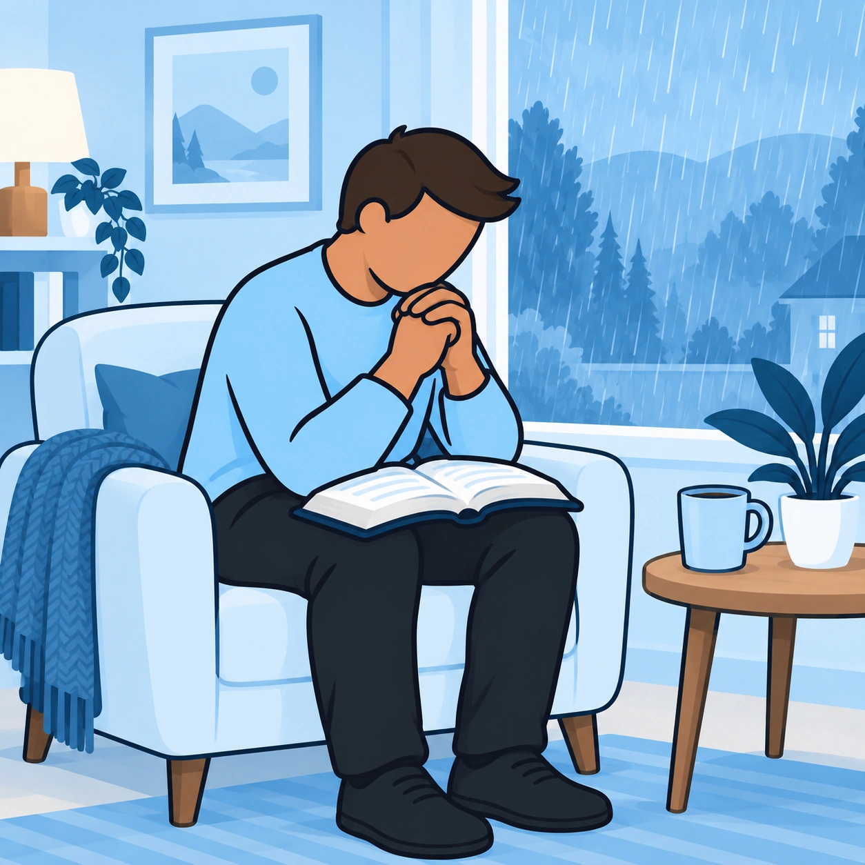 A man sits by a rainy window with an open Bible on his lap.
