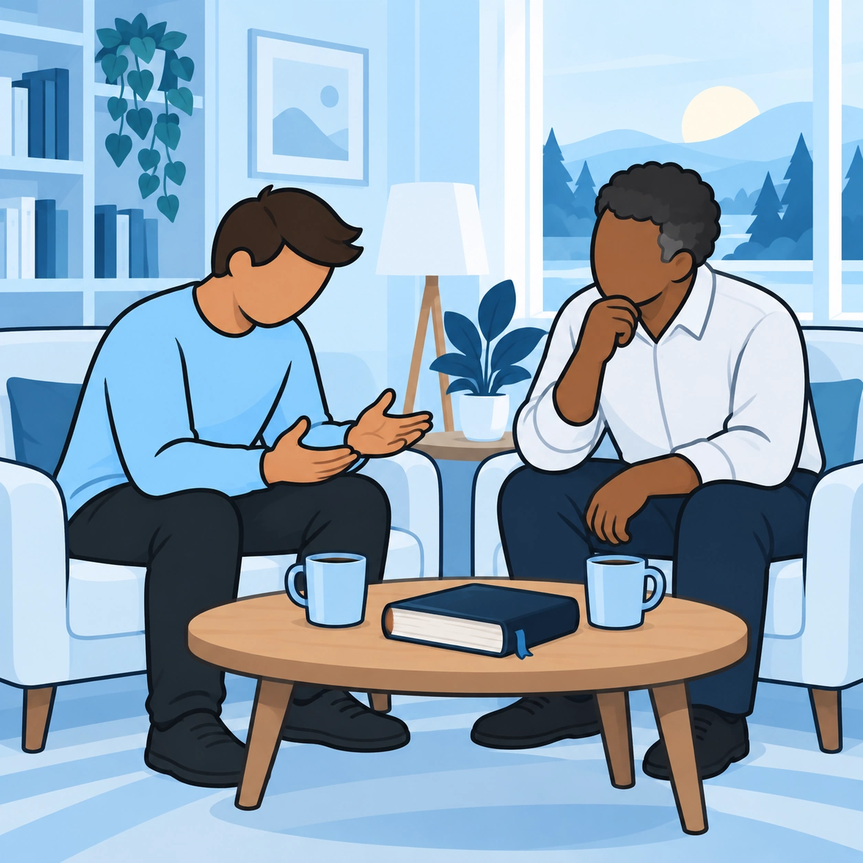 He talks with an older man in a quiet room.
