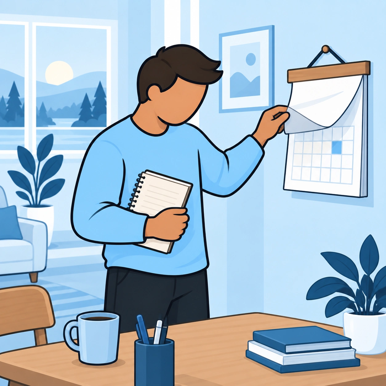 He turns a page on a wall calendar while holding a notebook.