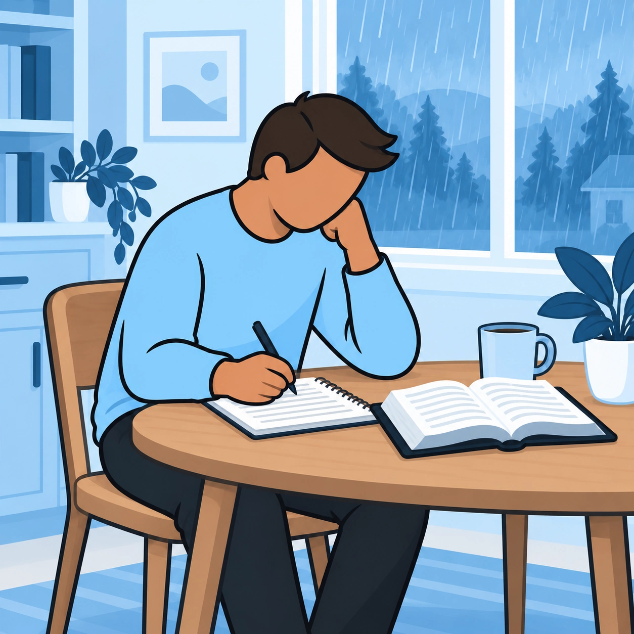 He writes a prayer beside an open Bible.