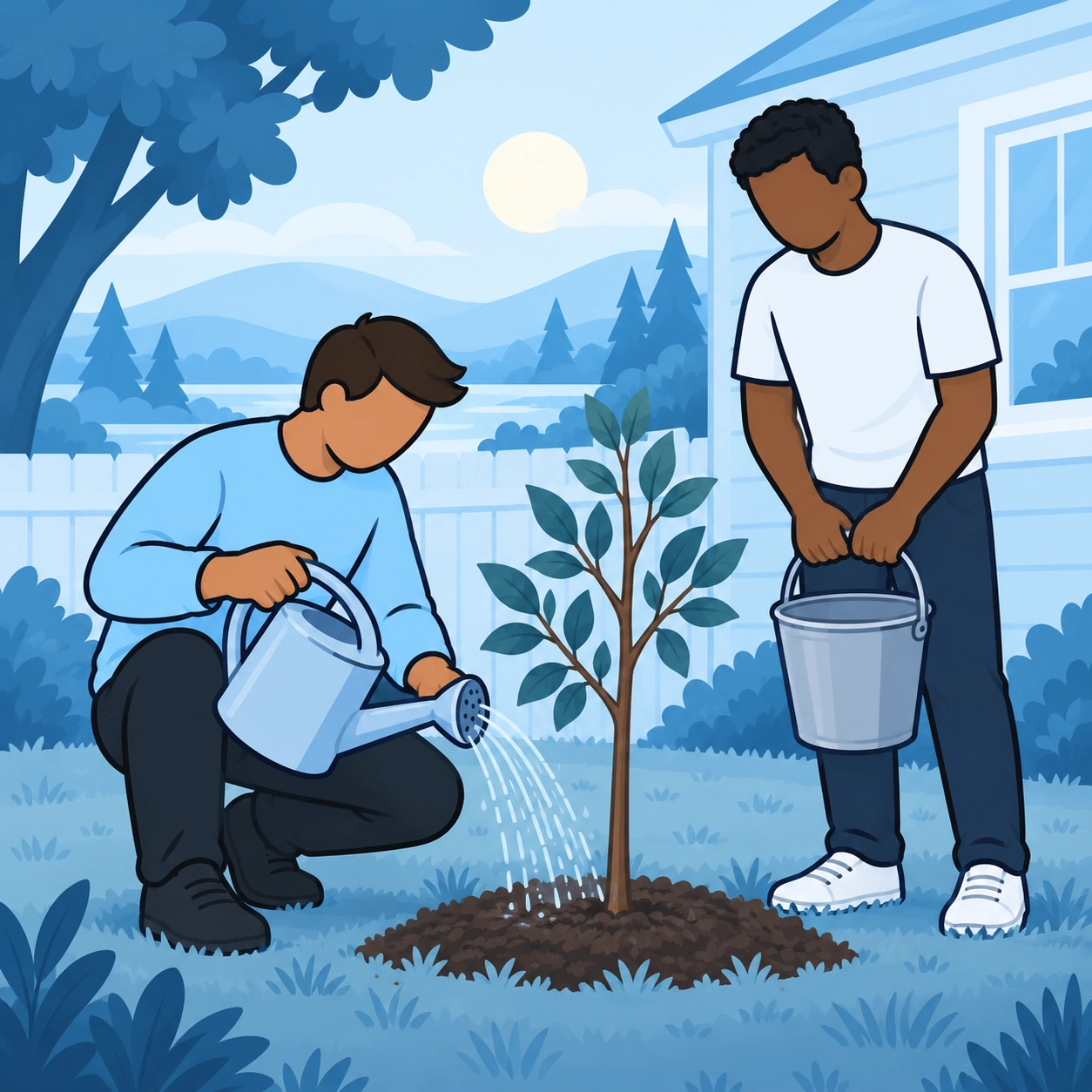 He waters a young tree while a neighbor stands nearby with a bucket.