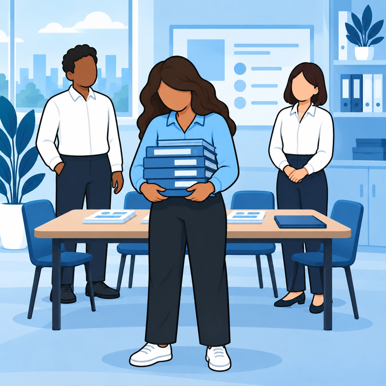 A woman holds many folders while her team stands nearby.