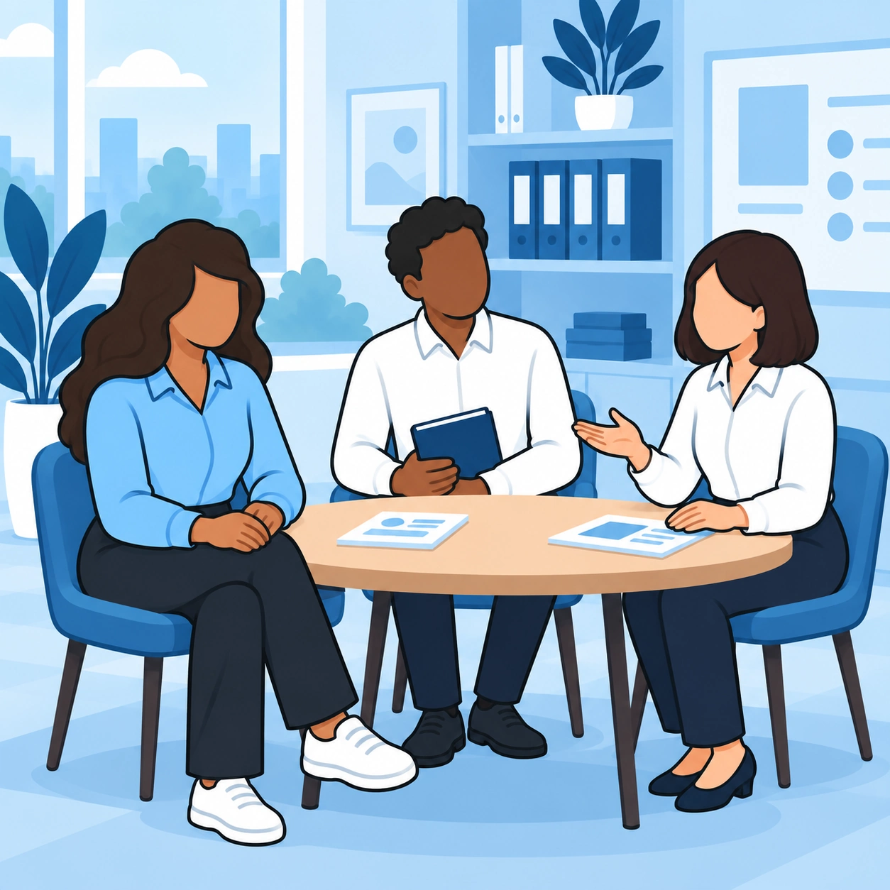She listens during a small group discussion.