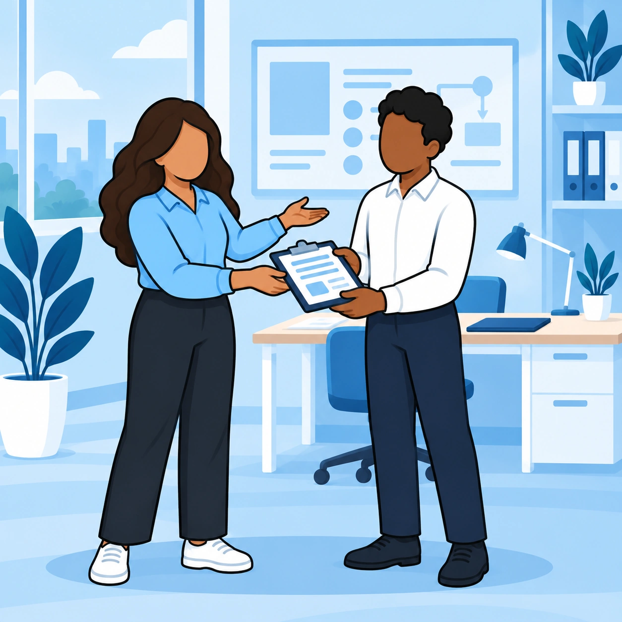 She hands him a clipboard and gestures toward the work area.