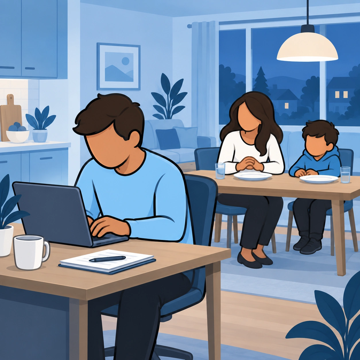 A man works on his laptop while a woman and child wait at the dinner table.