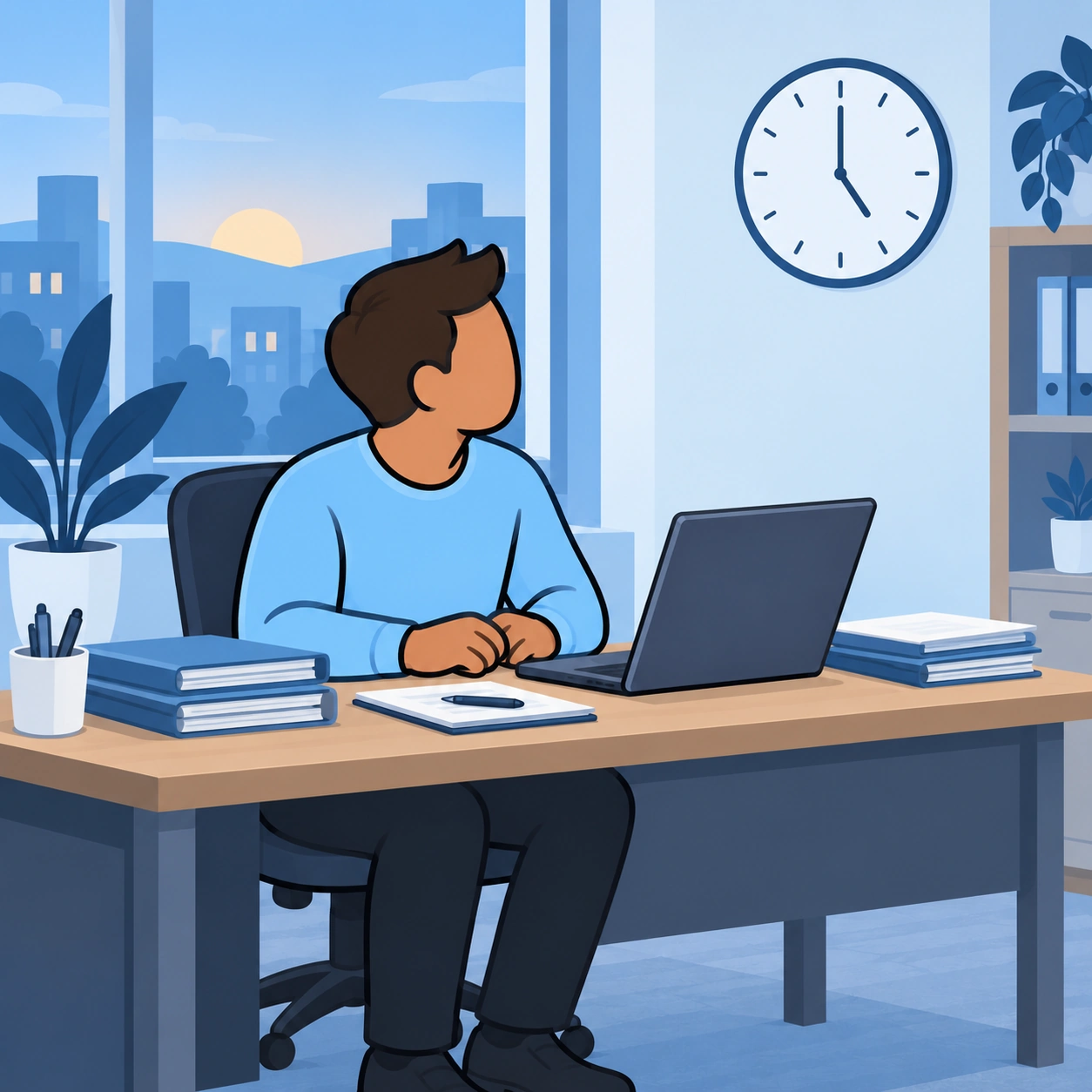 He watches the clock at a desk stacked with work.
