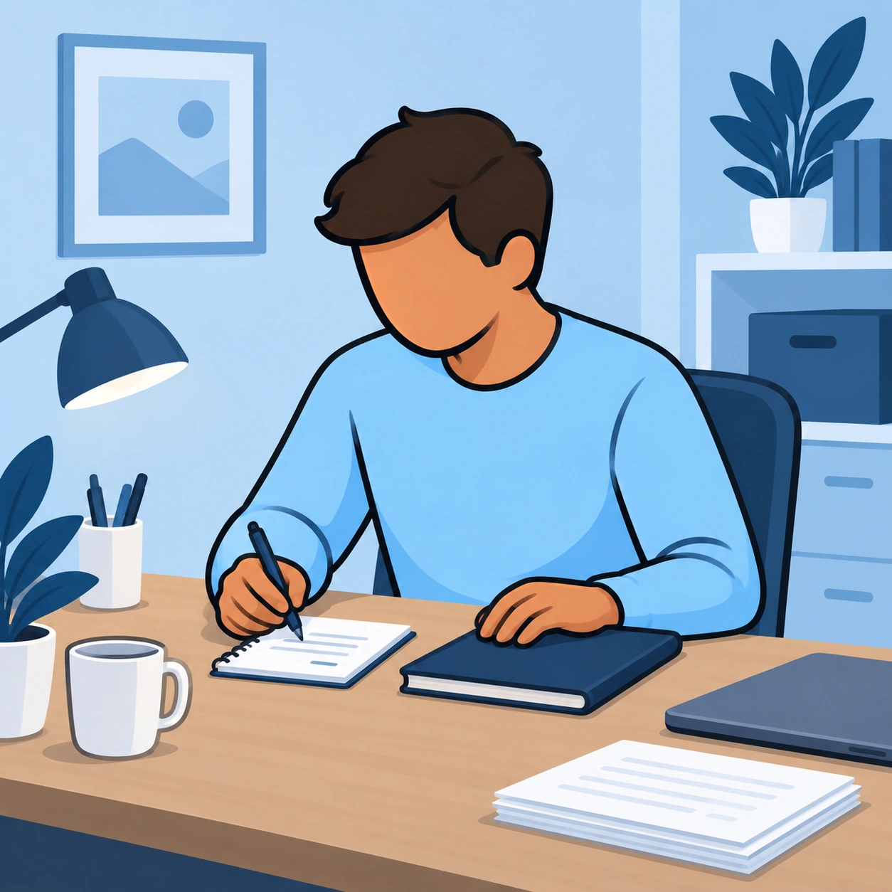 A man writes a short closing note beside his closed notebook and laptop.