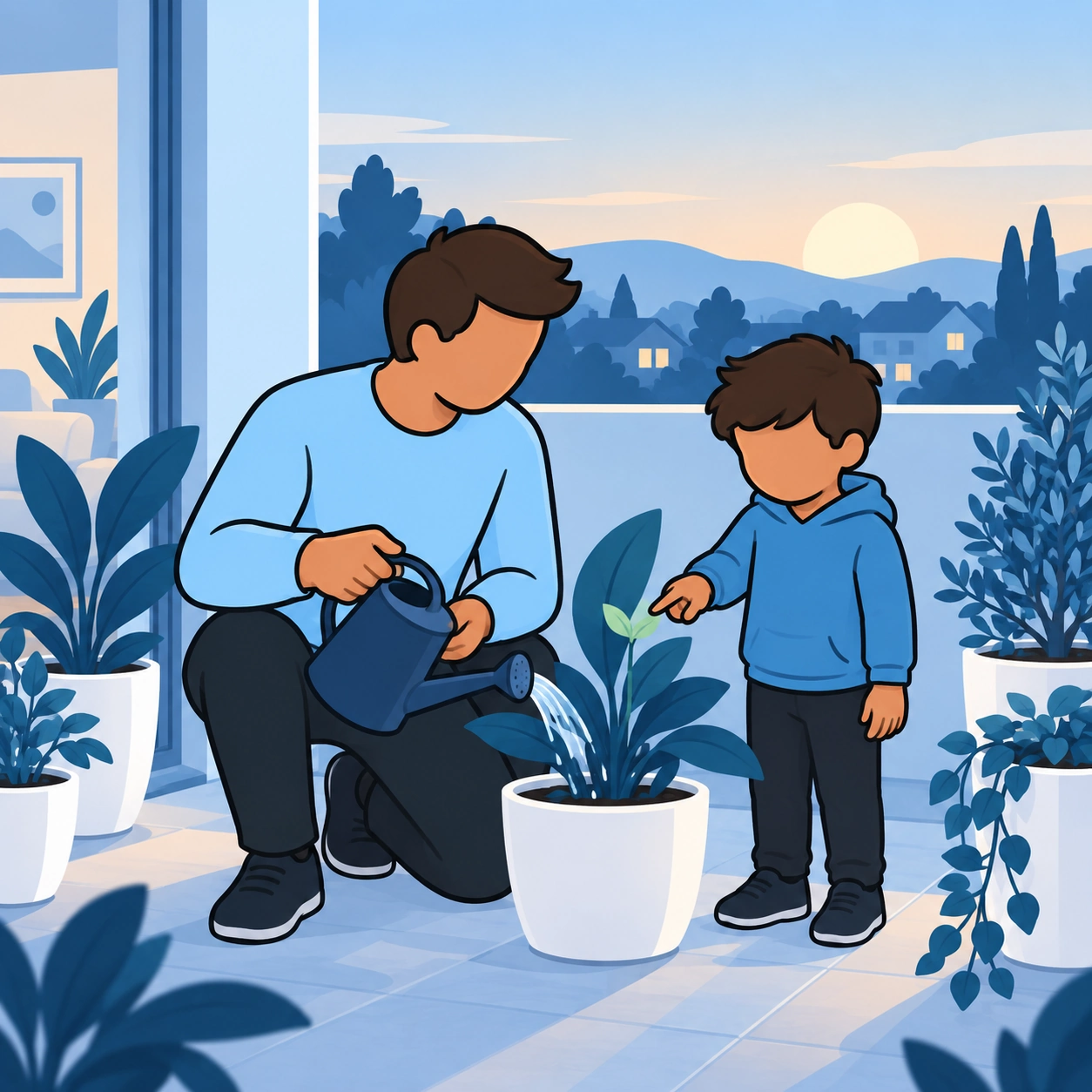 He waters plants with a child on a balcony at sunset.