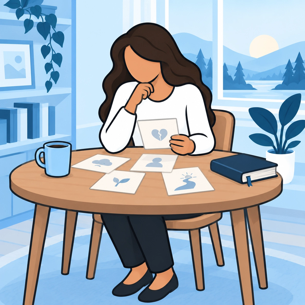A woman studies folded cards spread across a table.