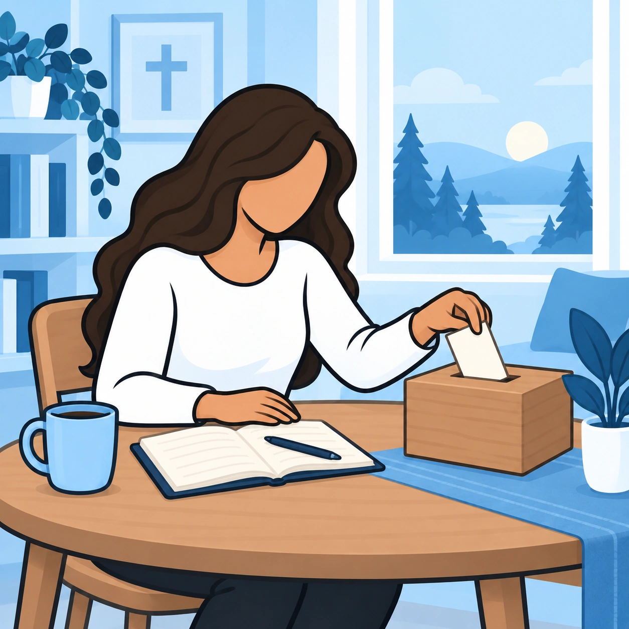 She places a card in a box beside her notebook.