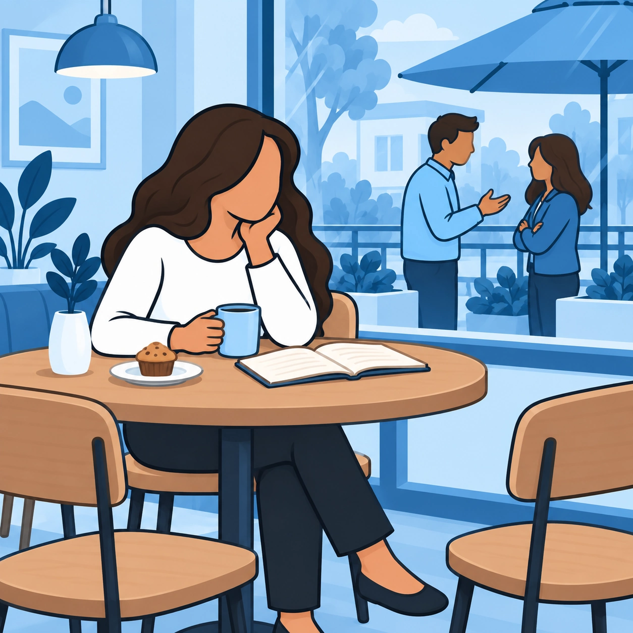 She sits in a cafe while two people talk outside.