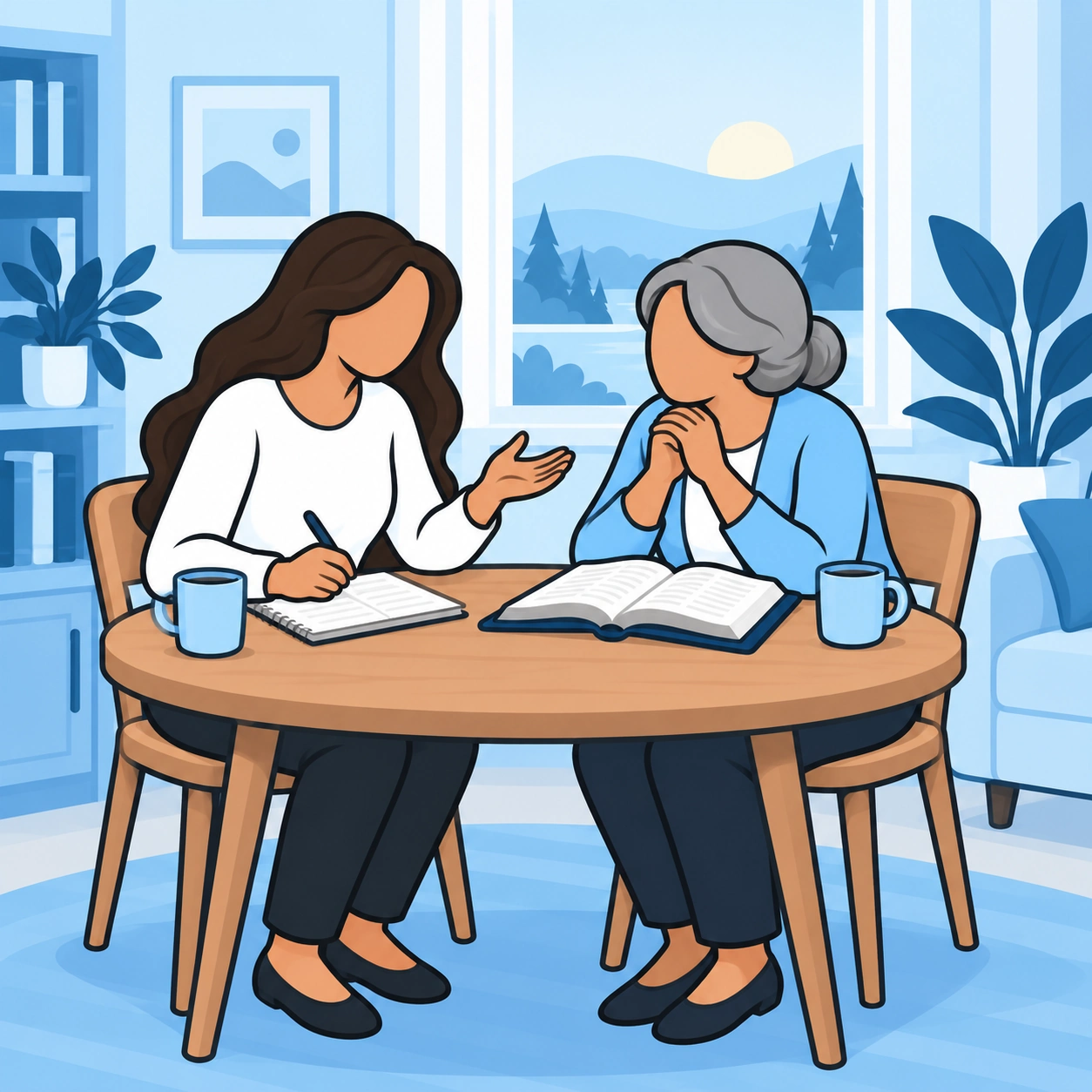 She discusses her writing and an open Bible with an older woman.