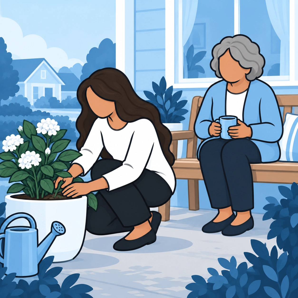 She tends a plant beside a bench while an older neighbor looks on.