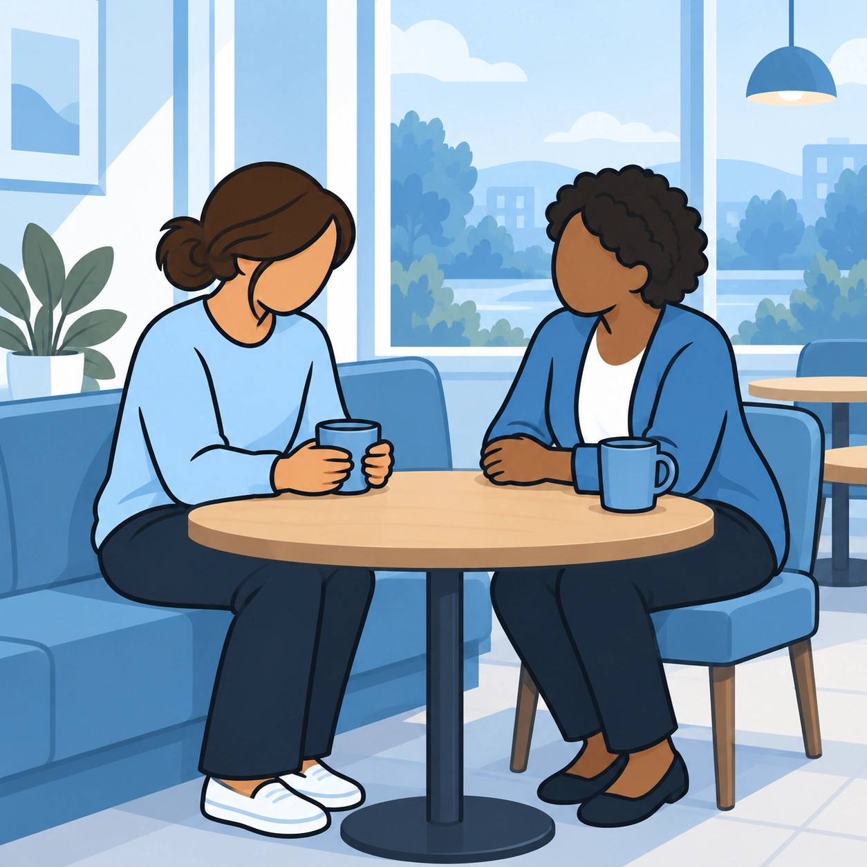 A woman hesitates to share a struggle while her trusted friend listens at a cafe.
