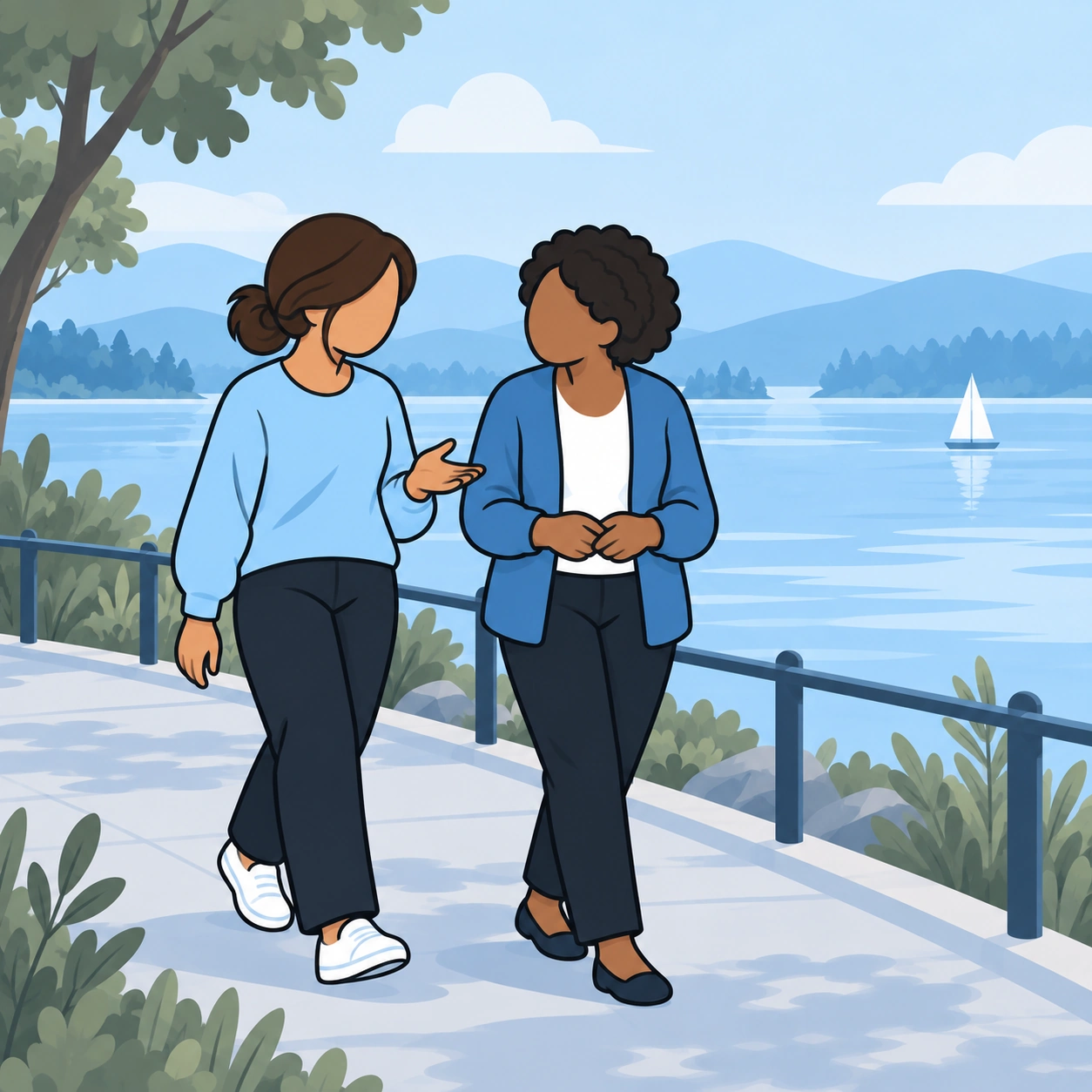 The two friends build trust through a quiet conversation while walking beside a lake.