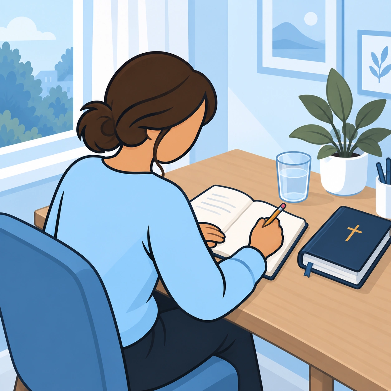 The woman privately prepares what she wants to share in a notebook beside her Bible.