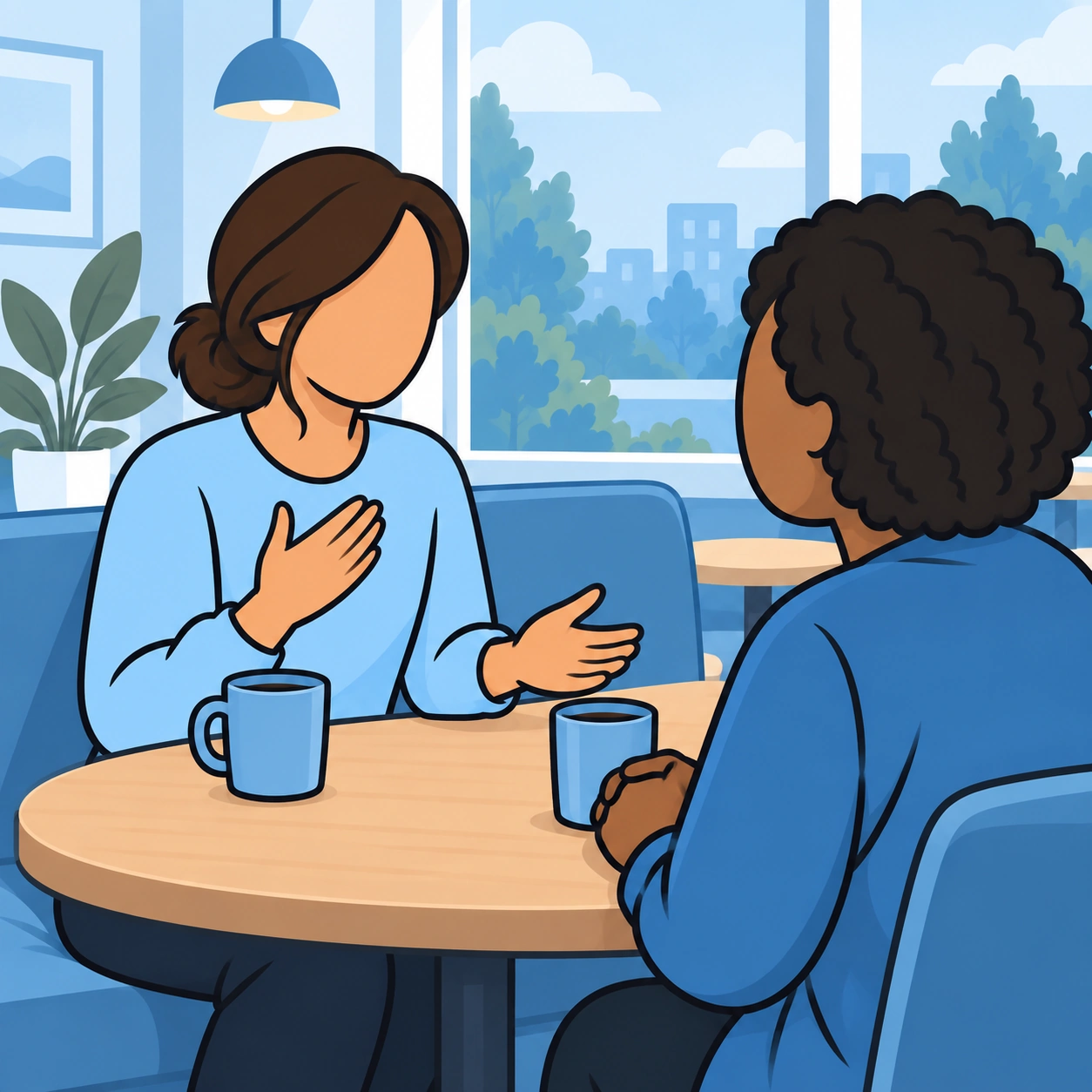 The woman shares honestly while her friend gives her room to speak.