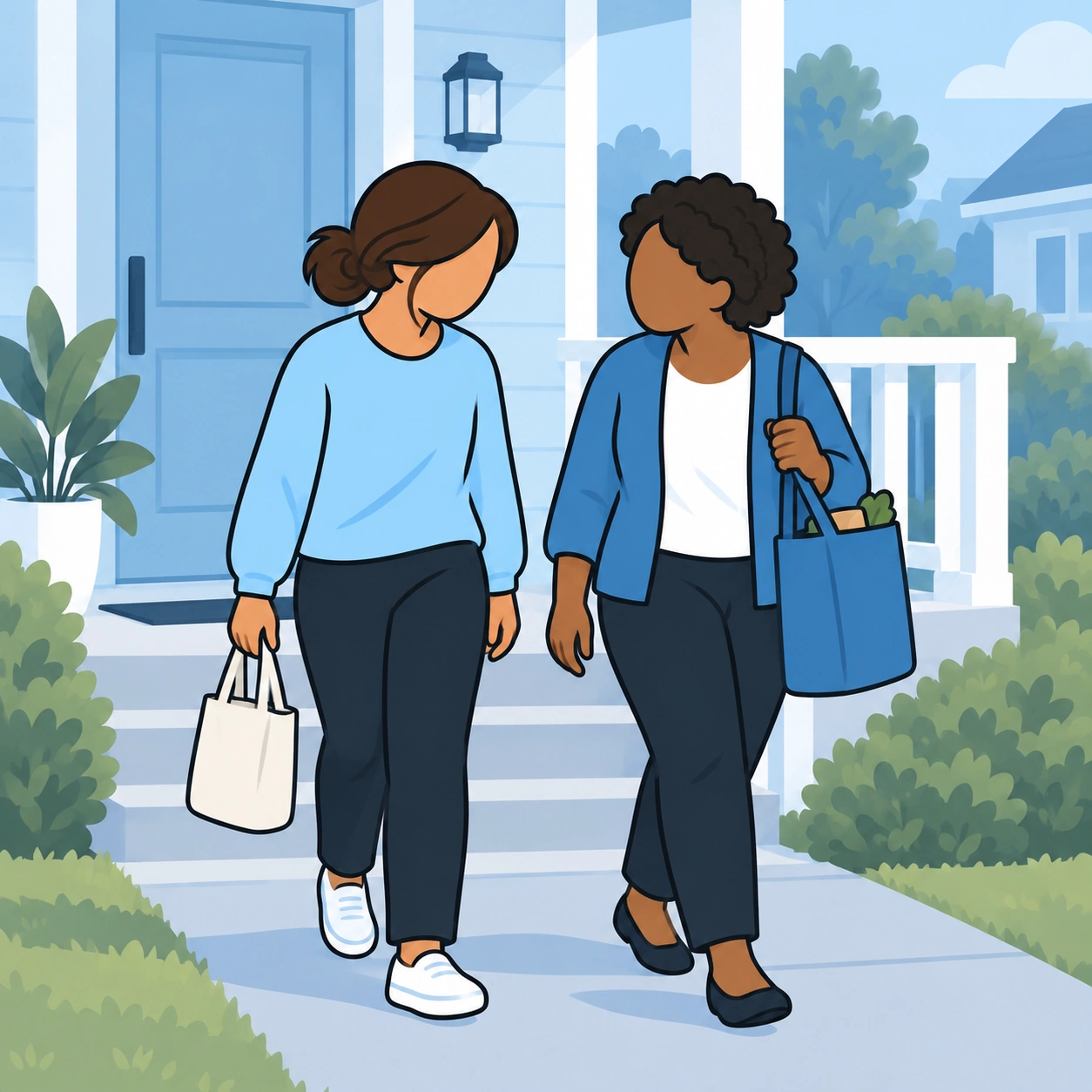 Her friend carries a fuller bag as the women leave the house together.
