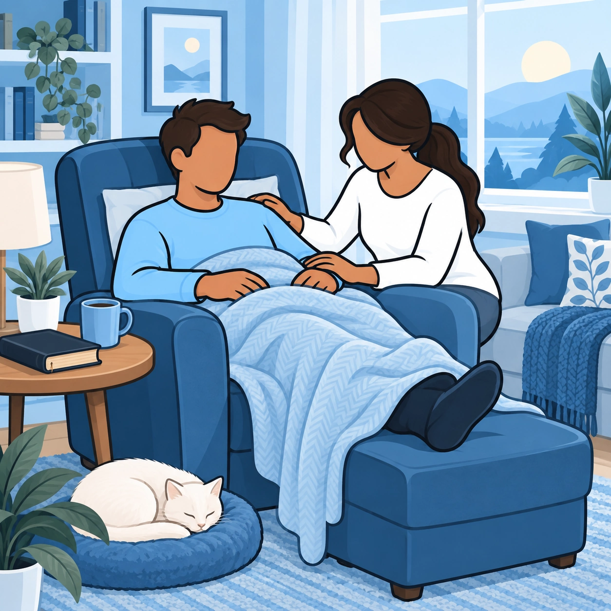 A man rests beneath a blanket with a supportive friend nearby and a white cat asleep beside him.