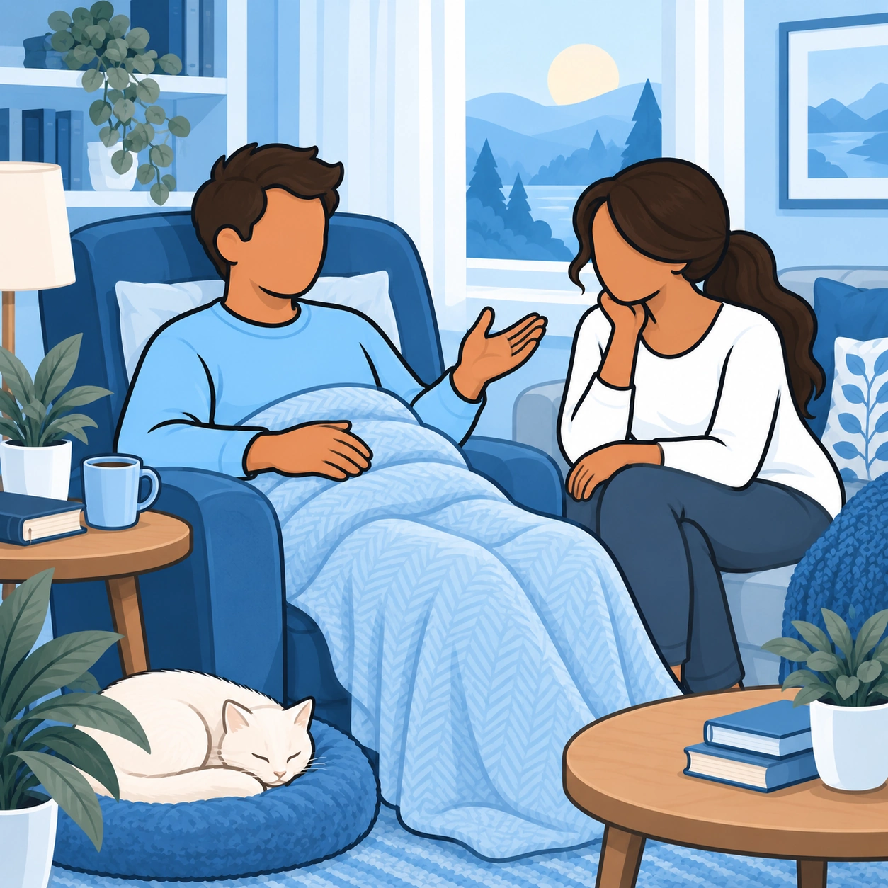 A trusted friend listens as the resting man explains what would help.