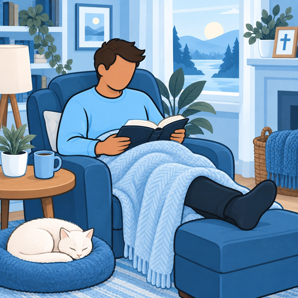 The man reads an open Bible with his legs supported on a footrest.
