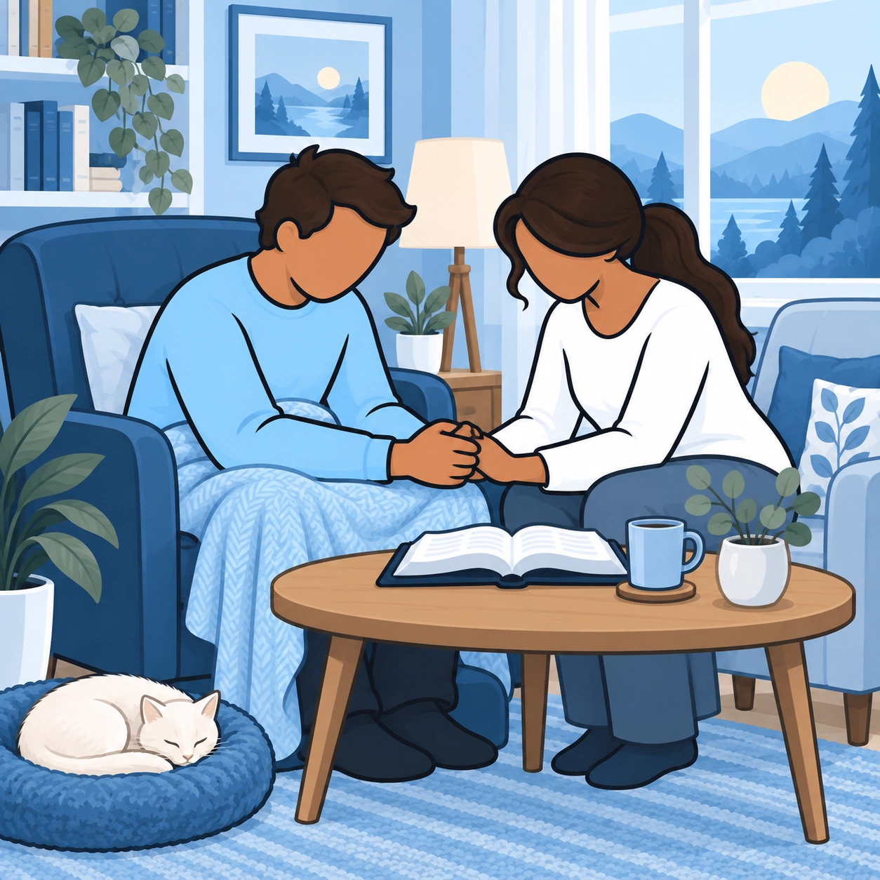 The man and his friend pray together while he remains comfortably seated.
