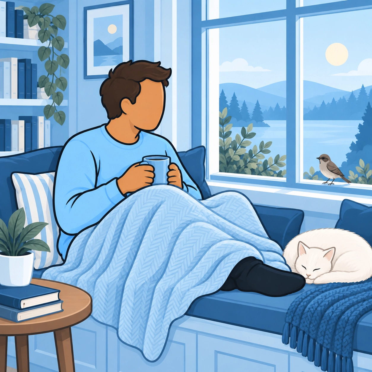 The man watches a bird from a cushioned window seat with his blanket and mug.