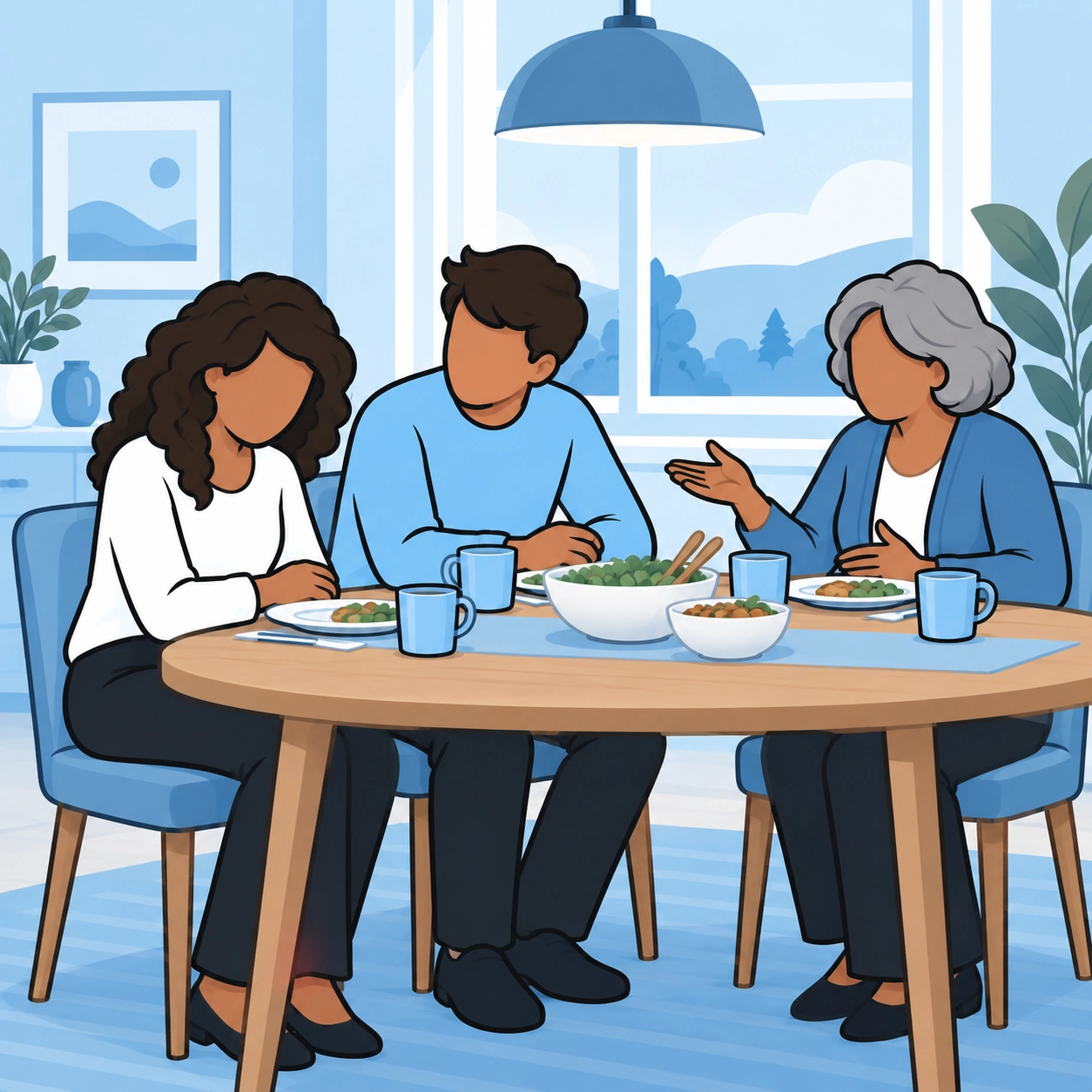 A husband notices his wife's discomfort while his mother speaks during a family meal.