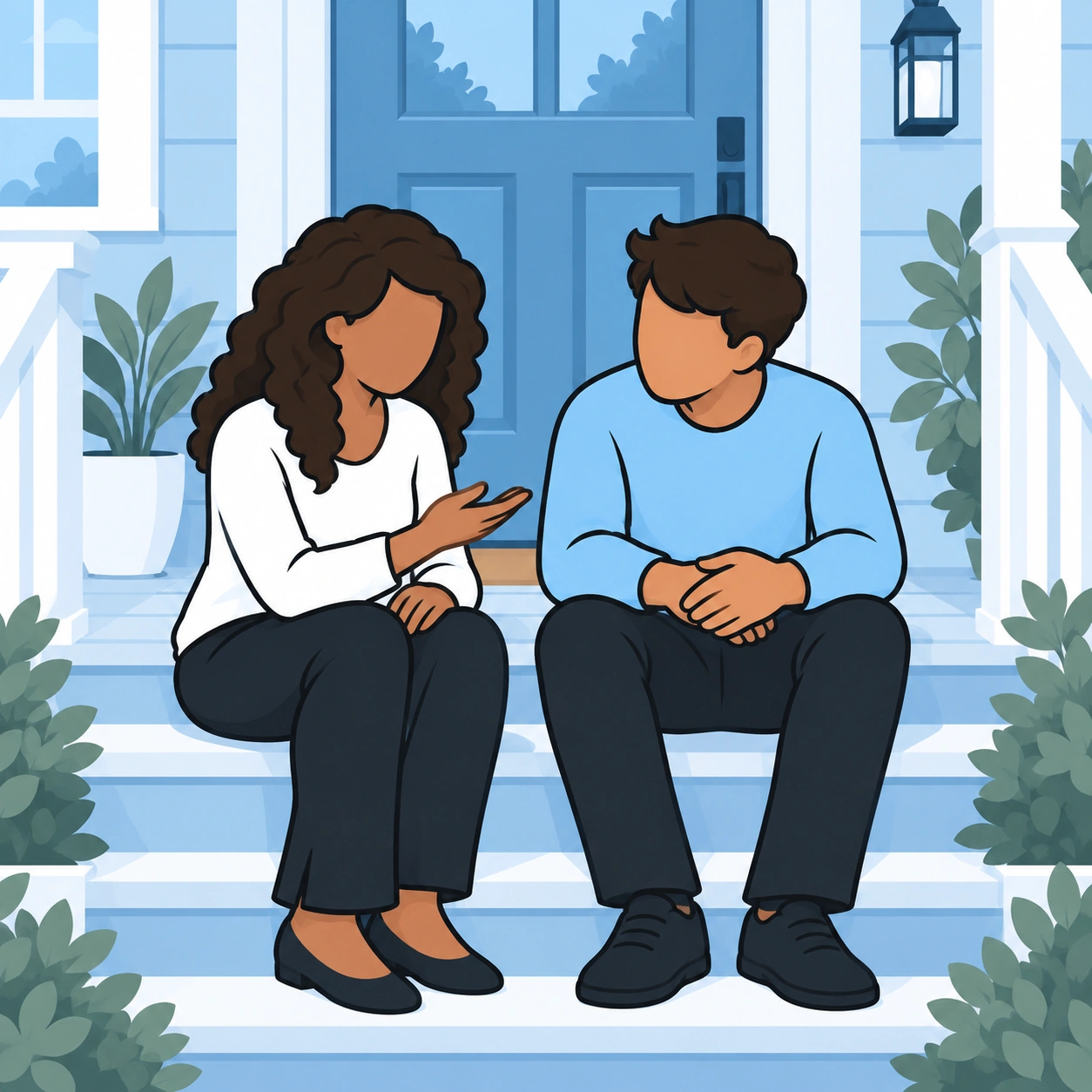 A wife and husband talk privately on their front steps about a family visit.