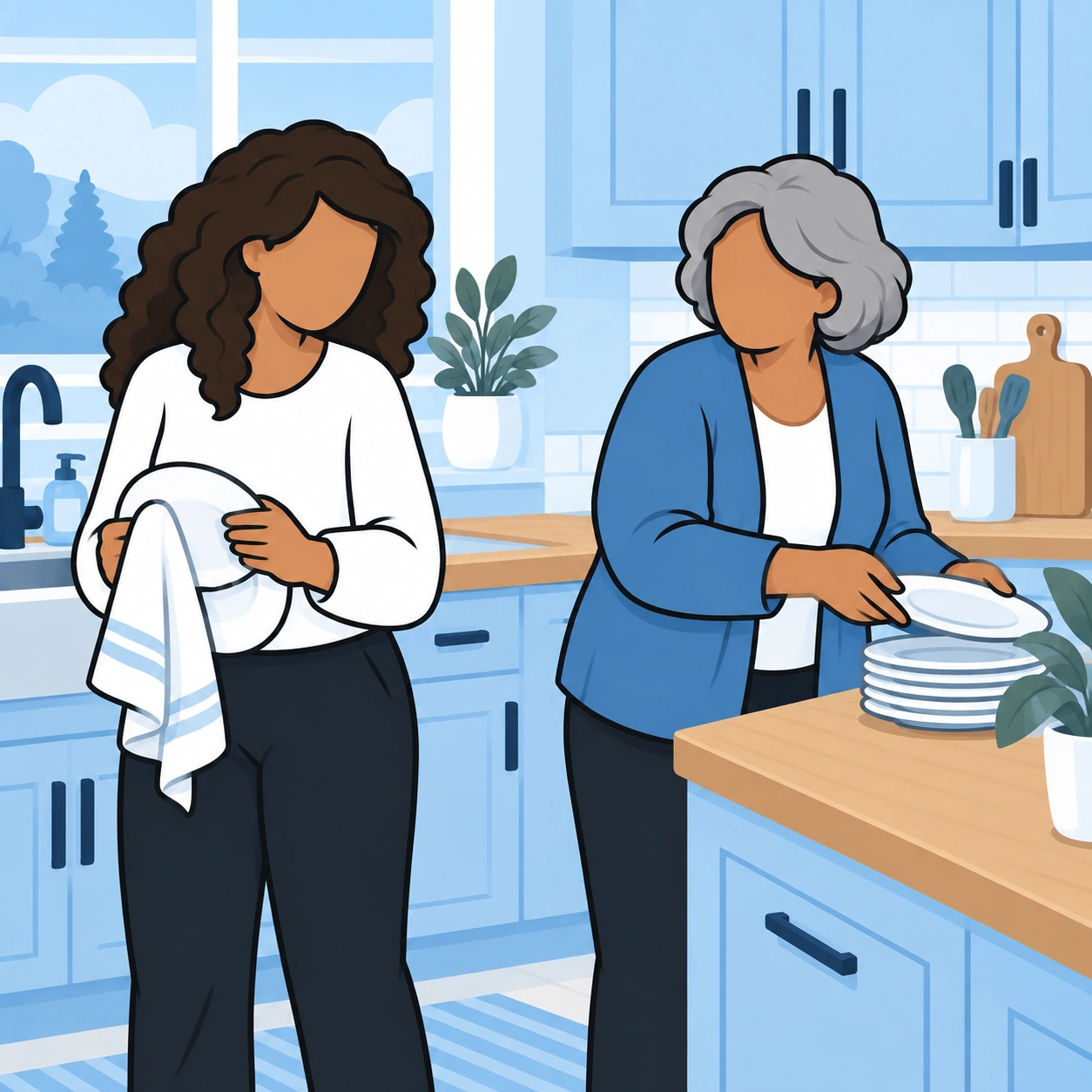 A wife pauses while drying a plate as her mother-in-law reaches for the dishes.