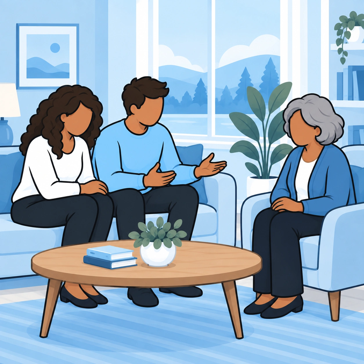 A couple calmly explain a shared boundary to the husband's mother in their living room.