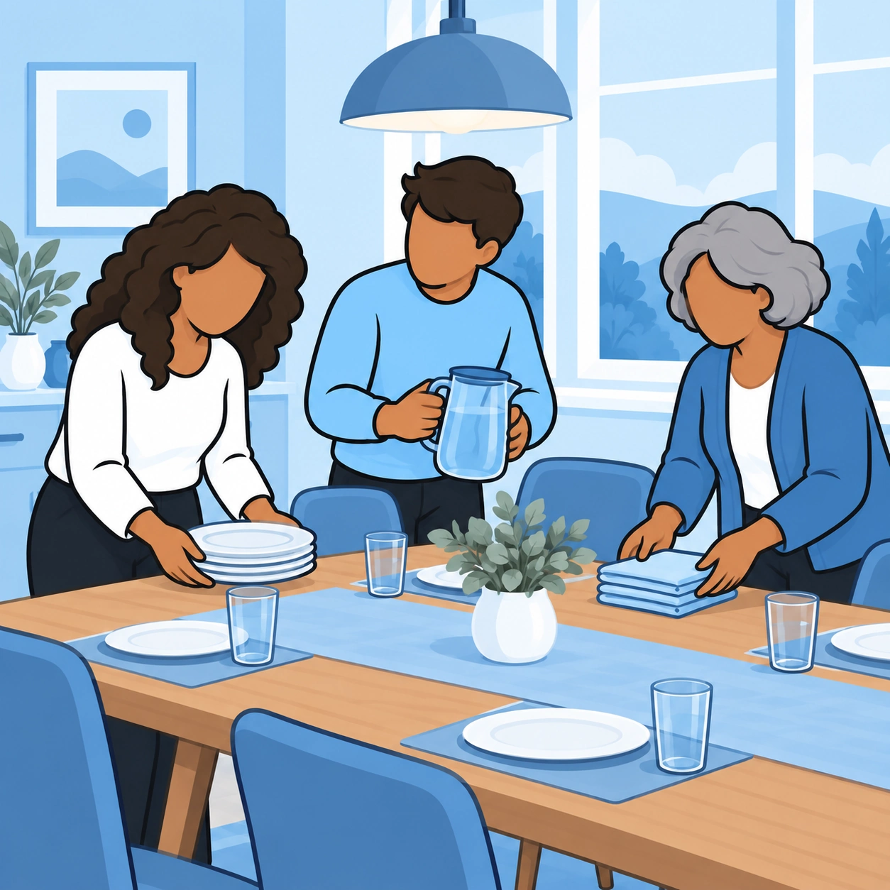 A wife, husband and mother-in-law work together to set the dining table.