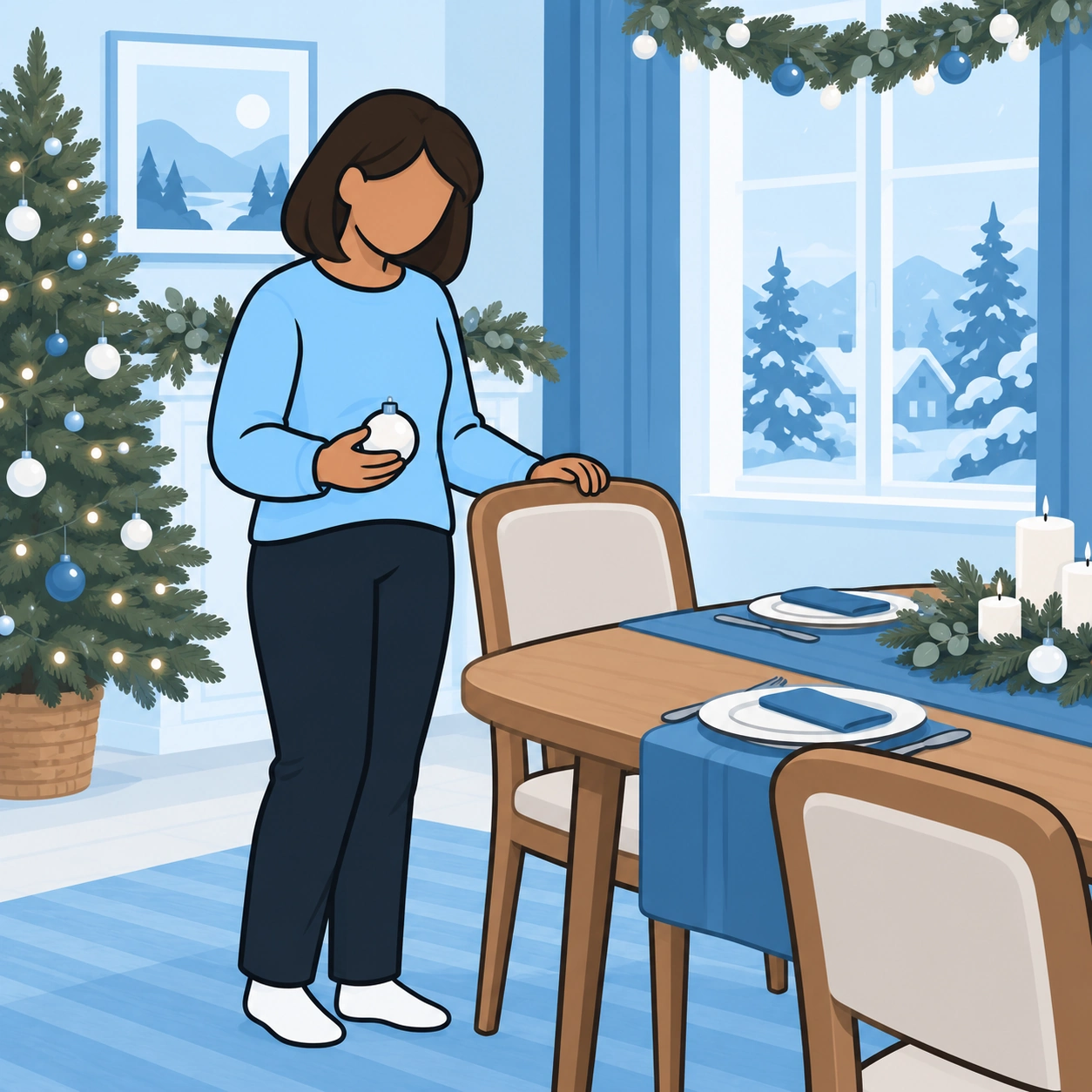 A woman pauses beside an empty chair while holding a holiday ornament.