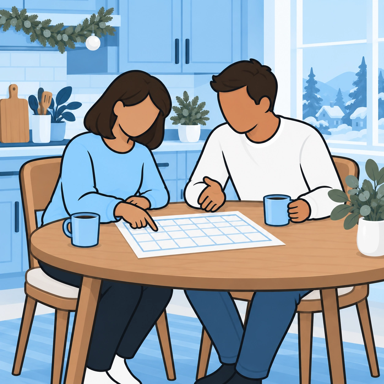 The woman and a man discuss a flexible holiday plan over a calendar at the kitchen table.