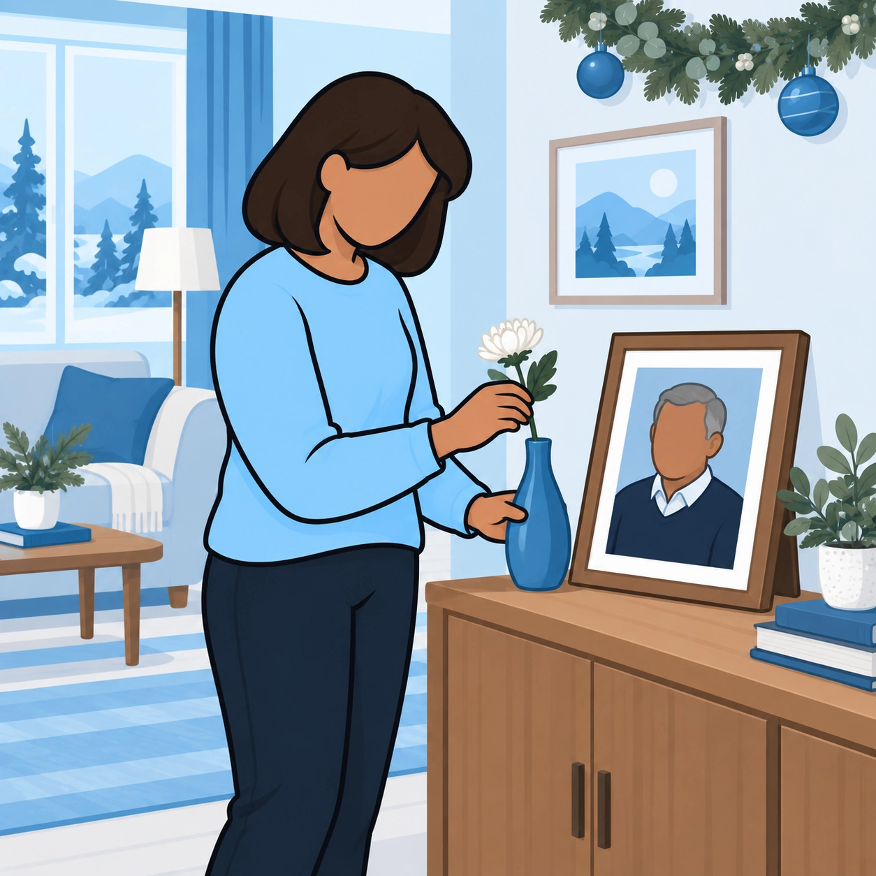 She places a white flower beside a framed portrait of an older loved one.