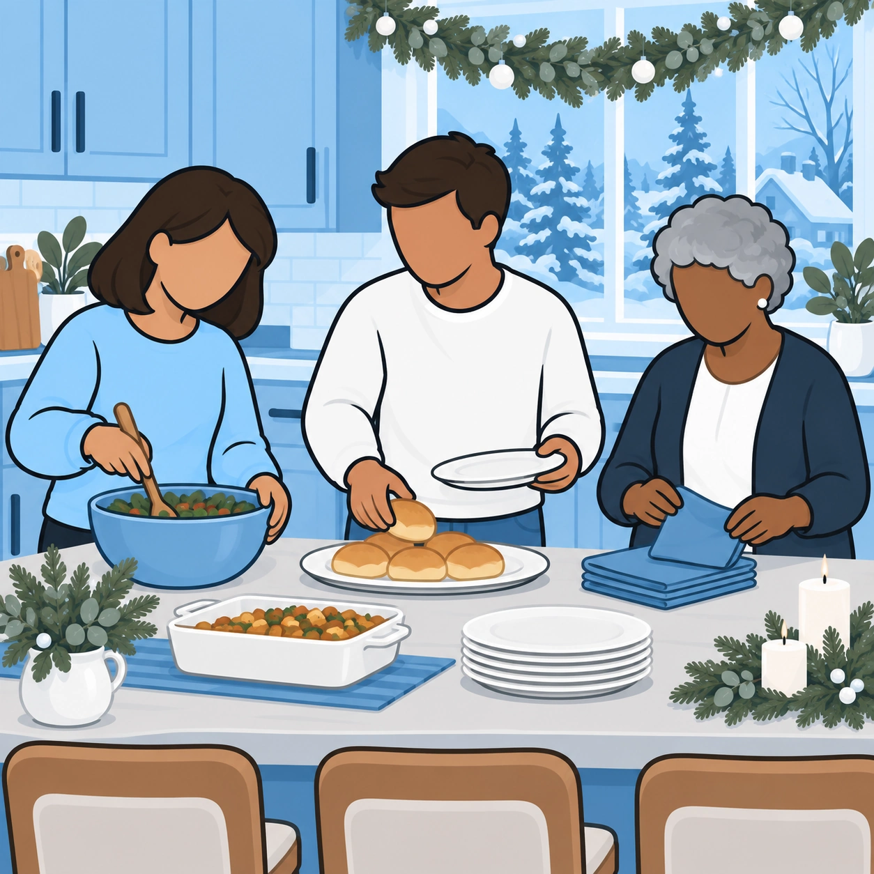 The woman, man, and an older relative prepare a modest holiday meal together.